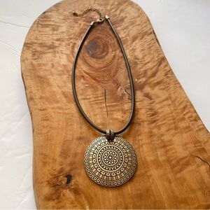 Brass Bronze gold tone Medallion Mandala Necklace leather cord adjustable